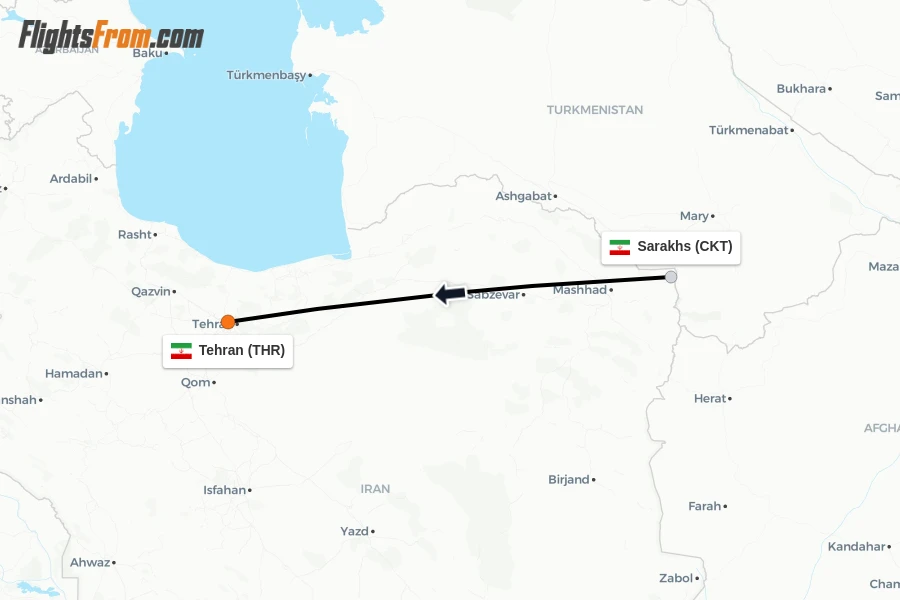 Flights from Sarakhs to Tehran route map