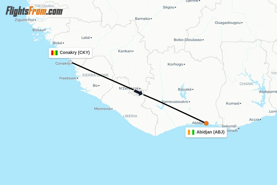 Flights from Conakry to Abidjan route map