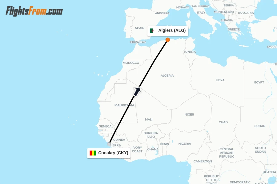 Flights from Conakry to Algiers route map