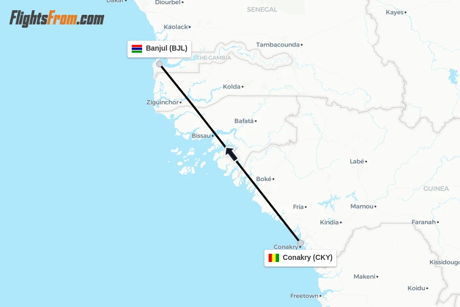 Flights from Conakry to Banjul route map