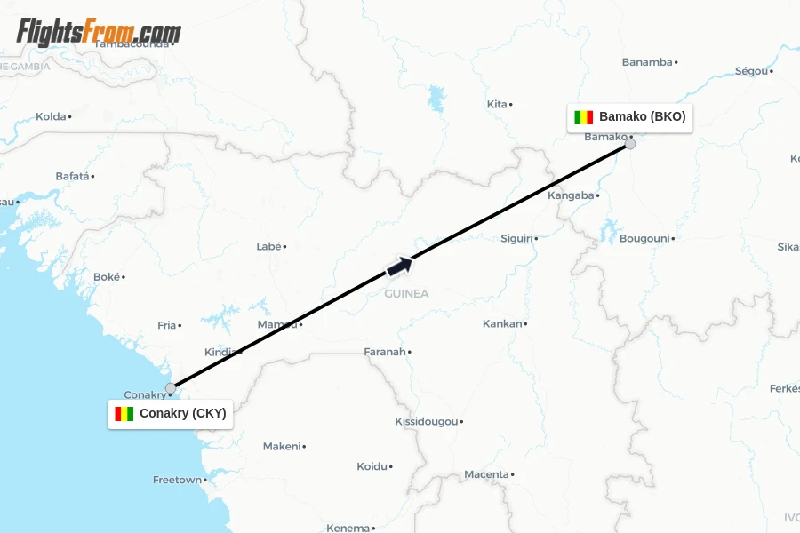 Flights from Conakry to Bamako route map