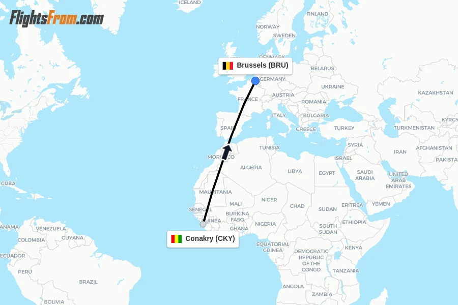 Flights from Conakry to Brussels route map