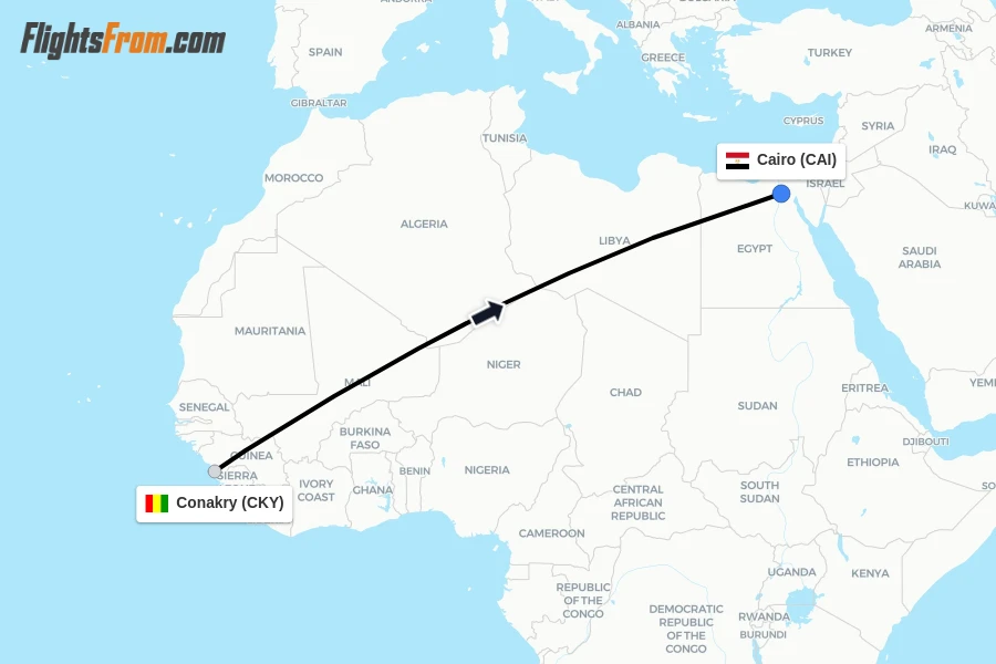 Flights from Conakry to Cairo route map