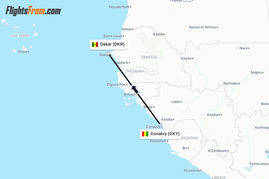 Flights from Conakry to Dakar route map
