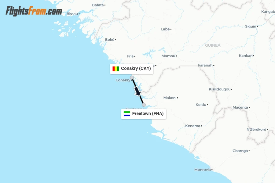 Flights from Conakry to Freetown route map