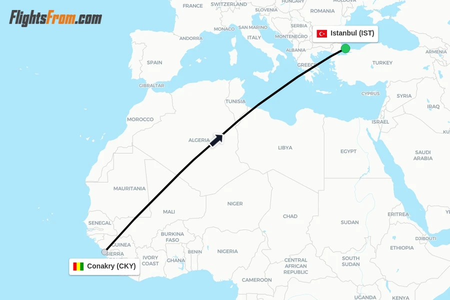 Flights from Conakry to Istanbul route map