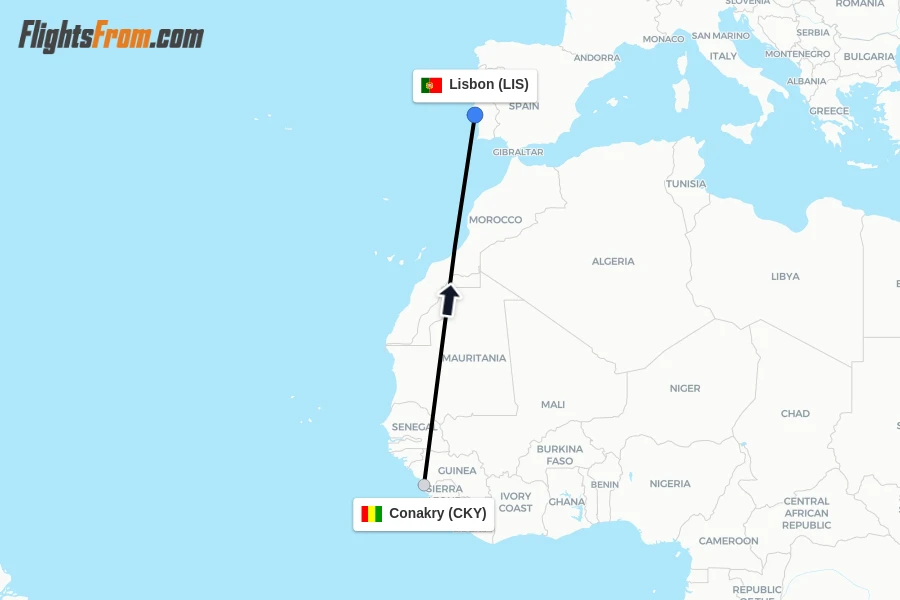 Flights from Conakry to Lisbon route map