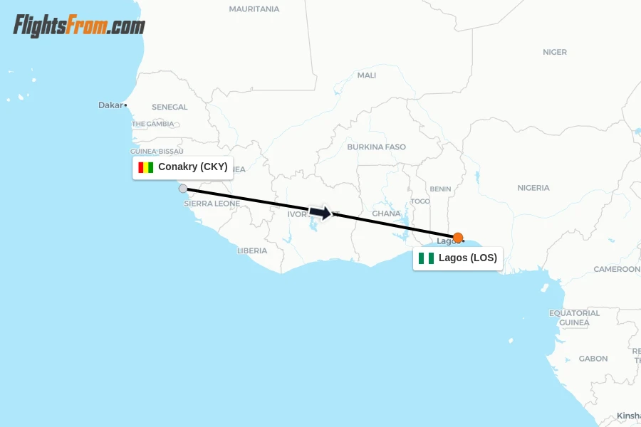 Flights from Conakry to Lagos route map