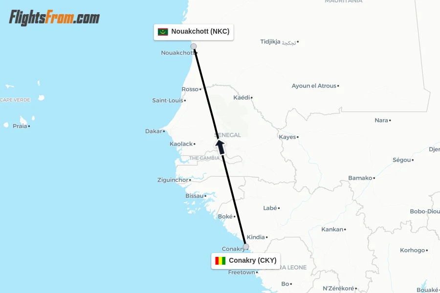 Flights from Conakry to Nouakchott route map