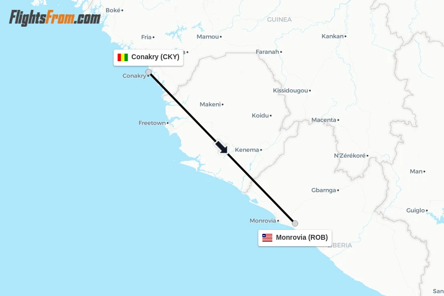 Flights from Conakry to Monrovia route map