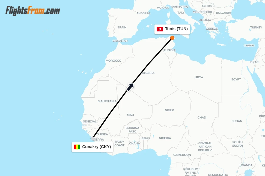 Flights from Conakry to Tunis route map