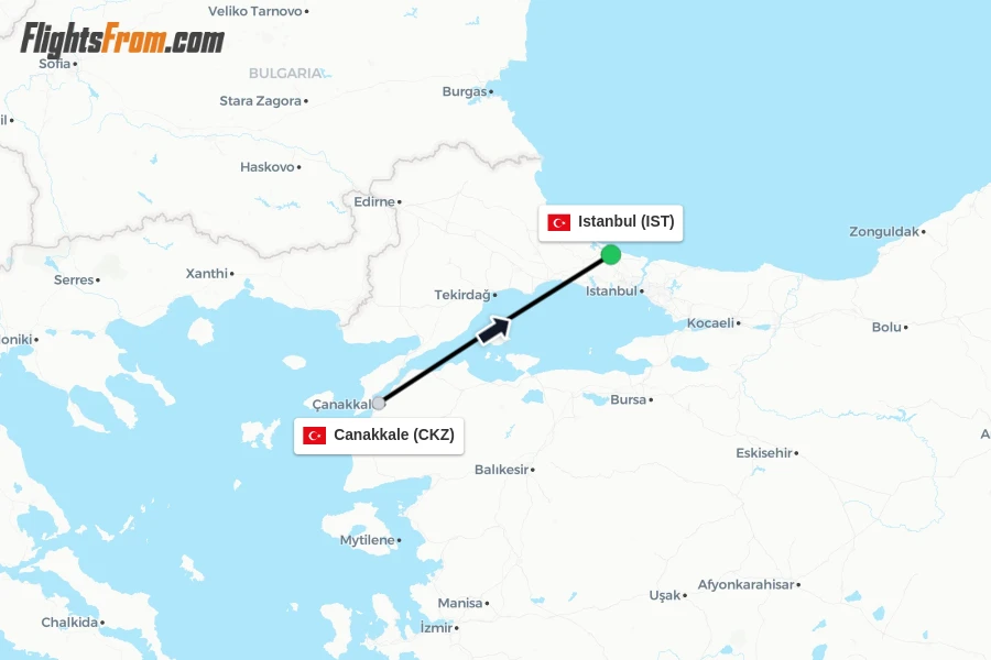 Flights from Canakkale to Istanbul route map