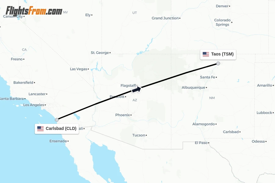 Flights from Carlsbad to Taos route map