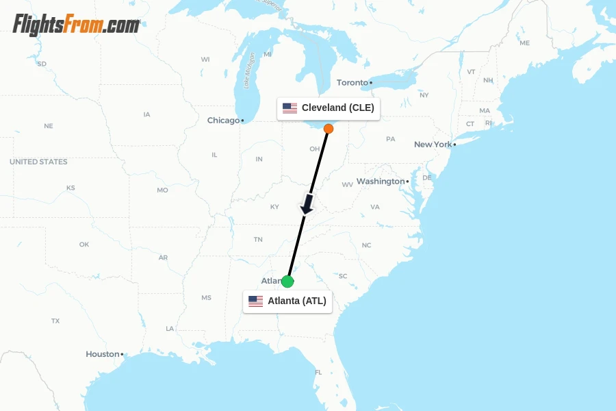 Flights from Cleveland to Atlanta route map