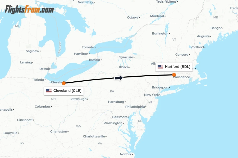 Flights from Cleveland to Hartford route map