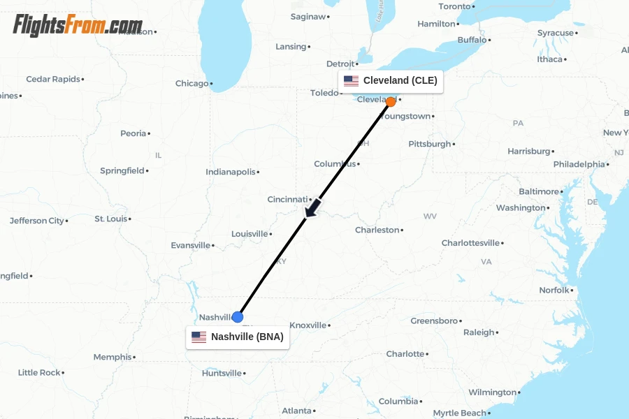 Flights from Cleveland to Nashville route map