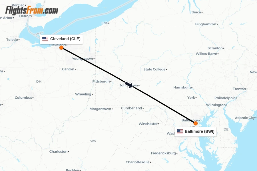 Flights from Cleveland to Baltimore route map