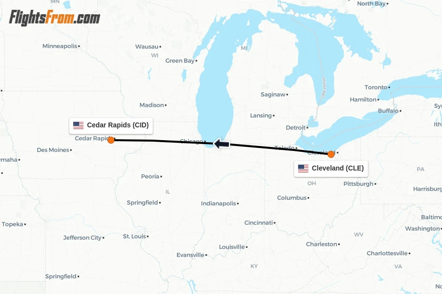 Flights from Cleveland to Cedar Rapids route map