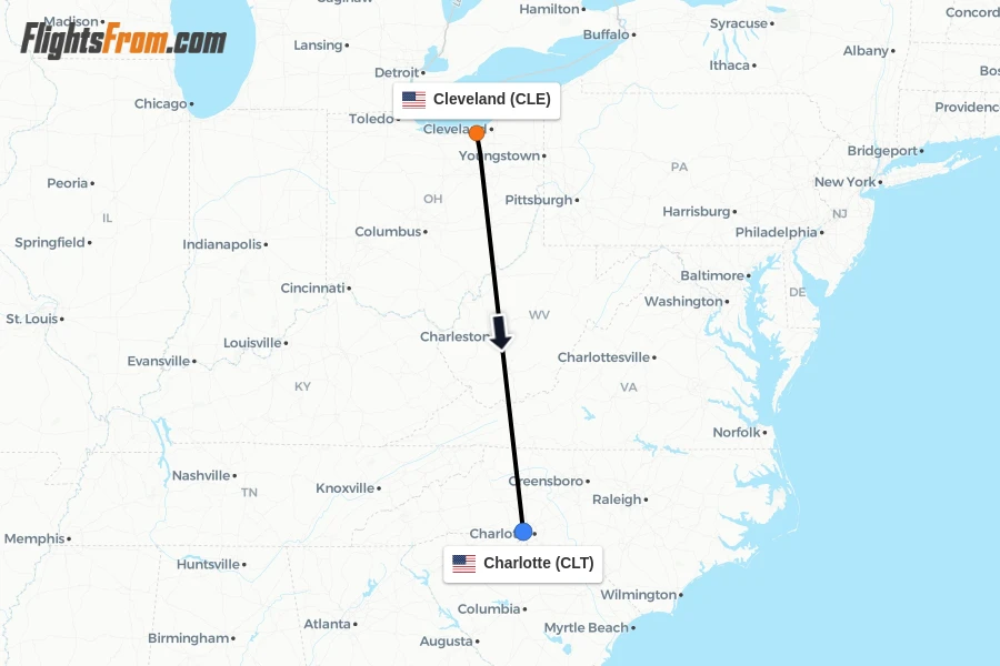Flights from Cleveland to Charlotte route map
