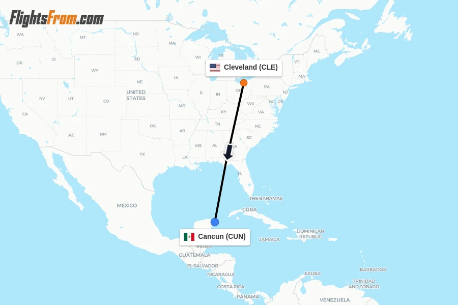 Flights from Cleveland to Cancun route map