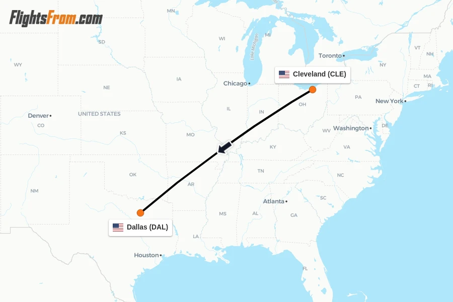 Flights from Cleveland to Dallas route map