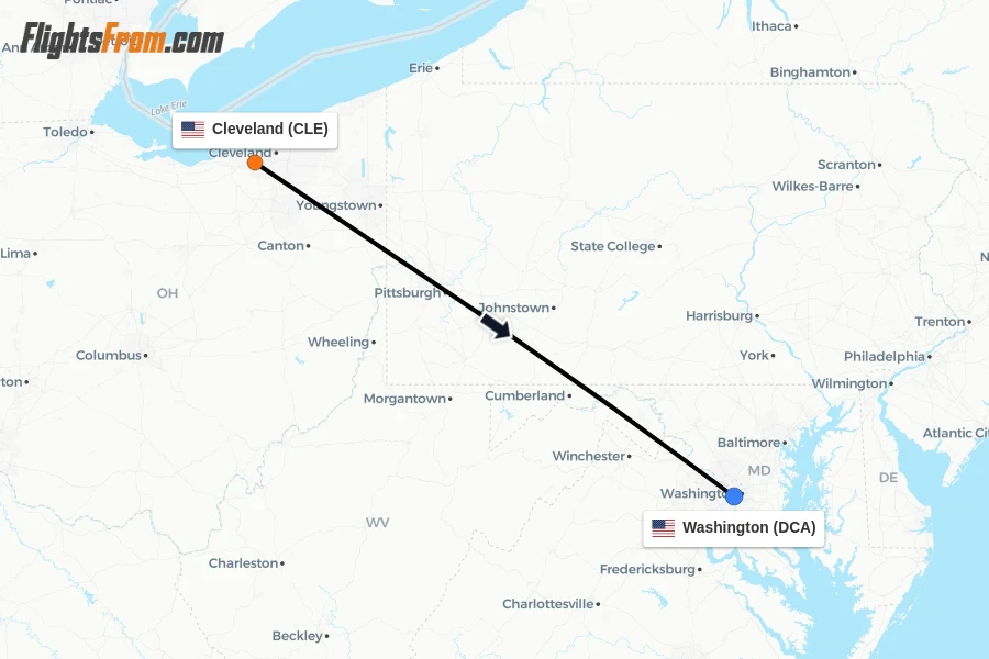 Flights from Cleveland to Washington route map