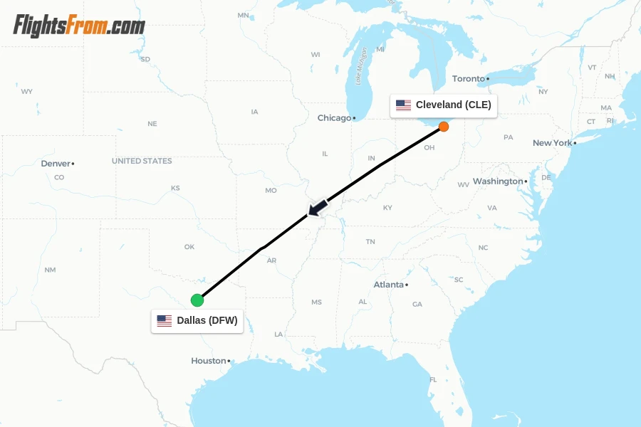 Flights from Cleveland to Dallas route map