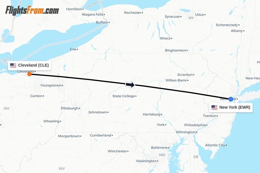 Flights from Cleveland to New York route map