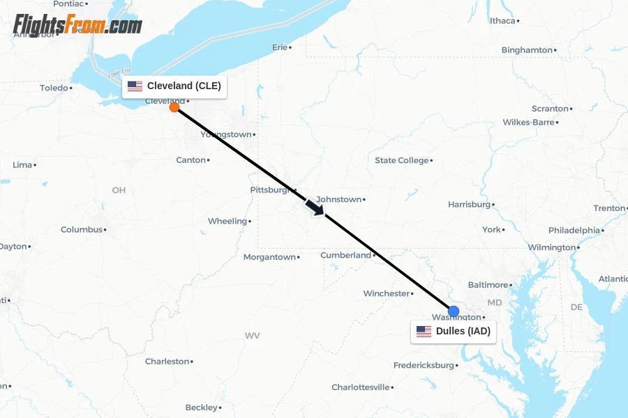 Flights from Cleveland to Dulles route map