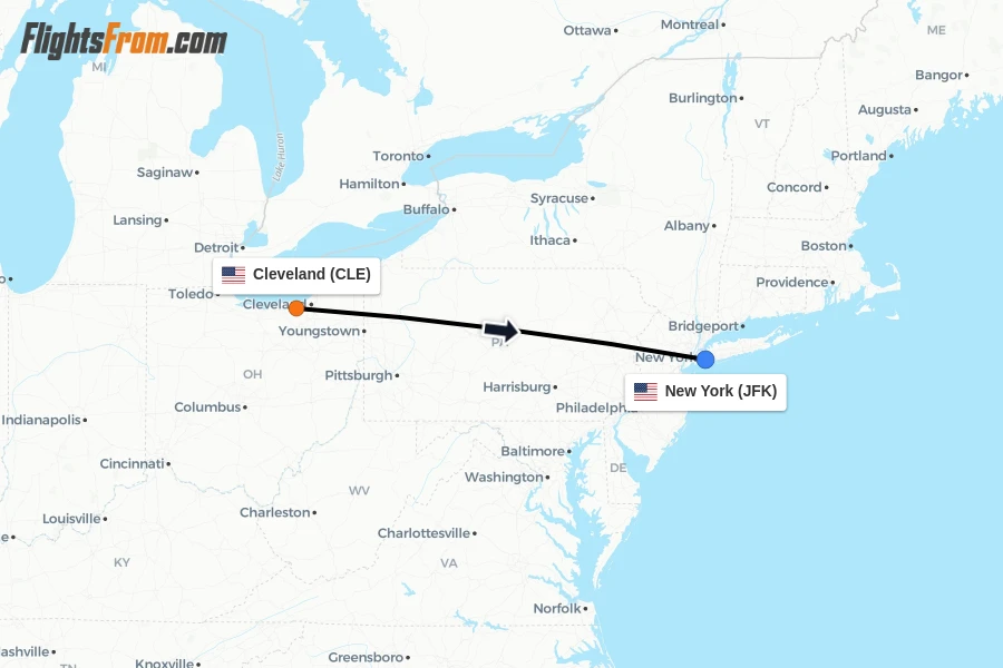 Flights from Cleveland to New York route map