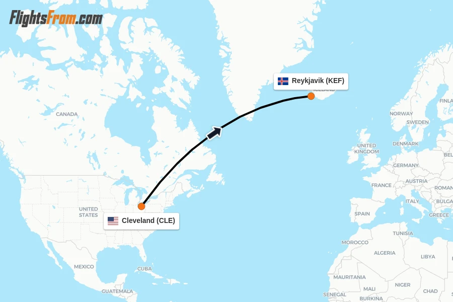 Flights from Cleveland to Reykjavik route map