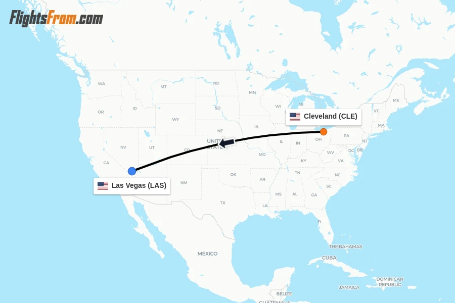 Flights from Cleveland to Las Vegas route map