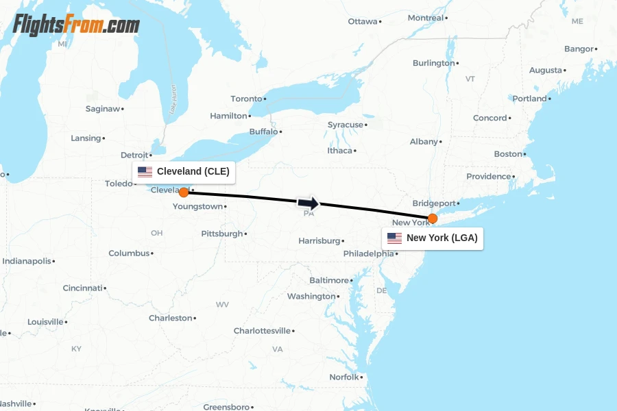 Flights from Cleveland to New York route map