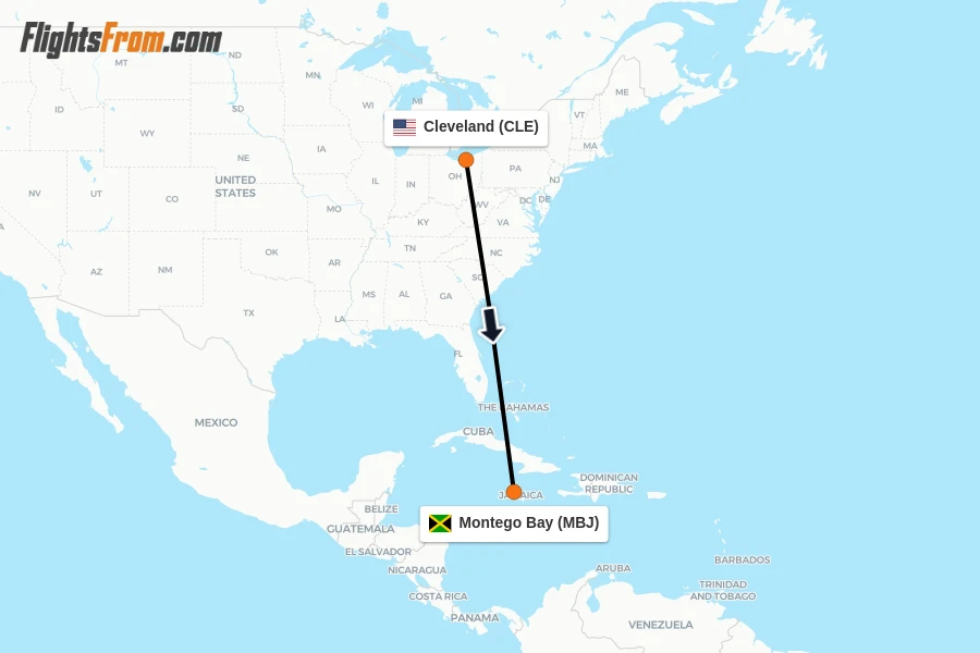 Flights from Cleveland to Montego Bay route map