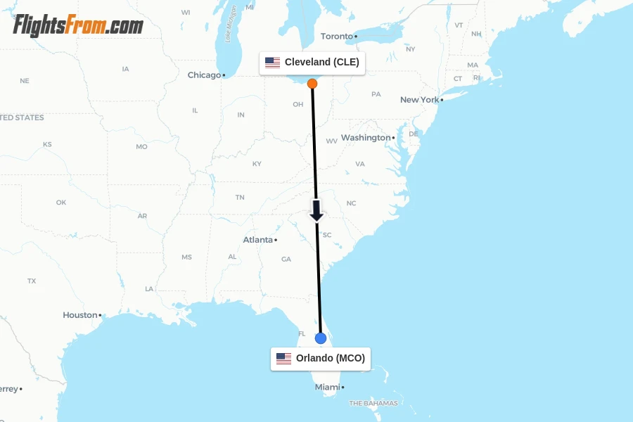 Flights from Cleveland to Orlando route map