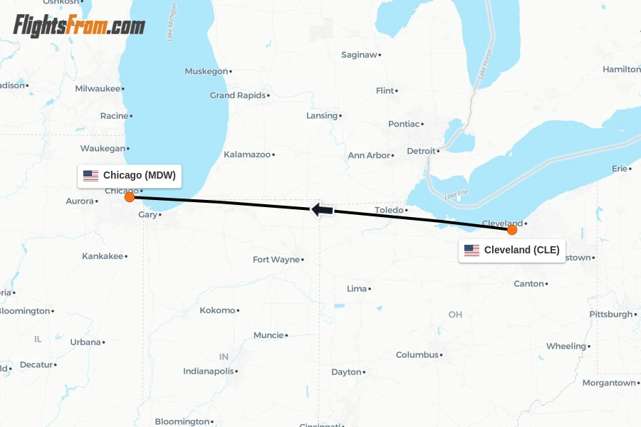 Flights from Cleveland to Chicago route map