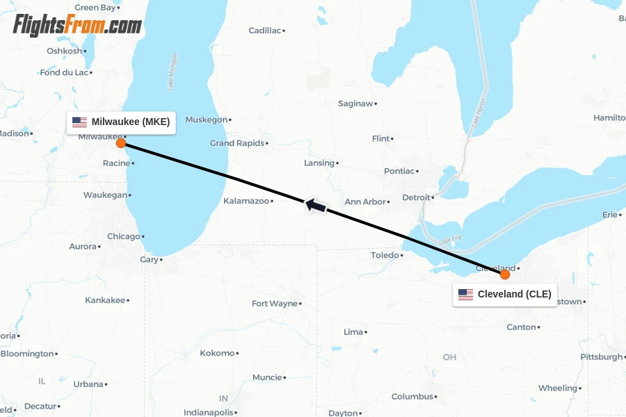 Flights from Cleveland to Milwaukee route map
