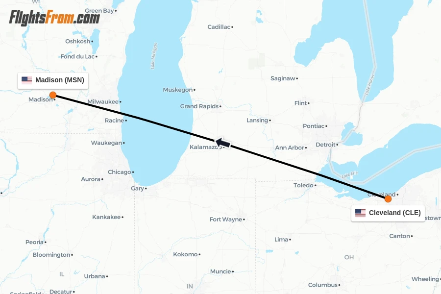 Flights from Cleveland to Madison route map