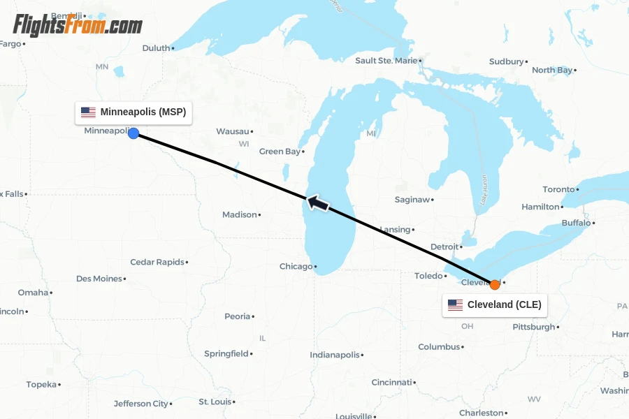 Flights from Cleveland to Minneapolis route map