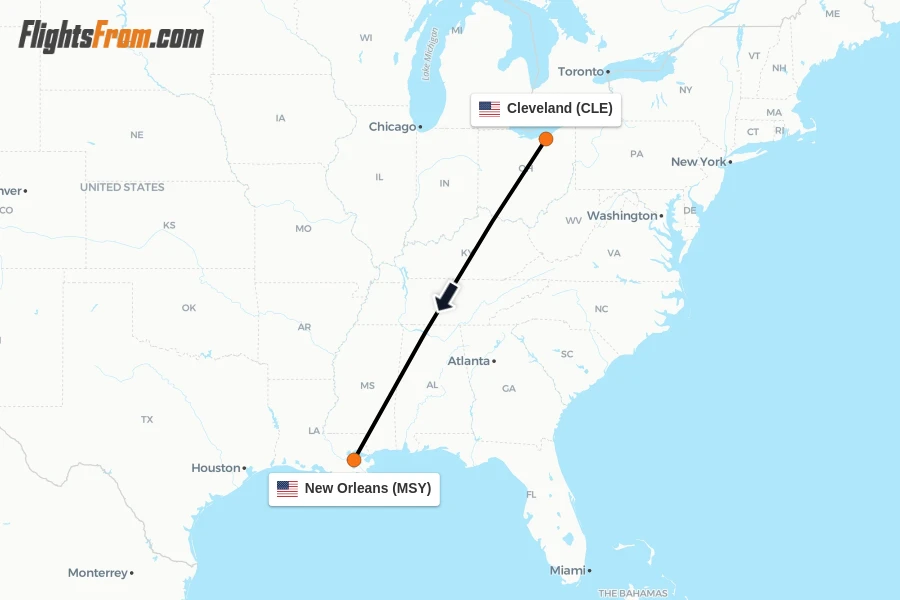 Flights from Cleveland to New Orleans route map
