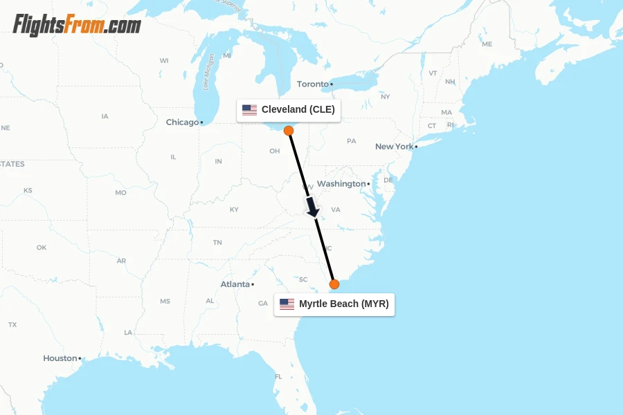 Flights from Cleveland to Myrtle Beach route map