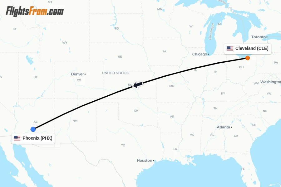 Flights from Cleveland to Phoenix route map
