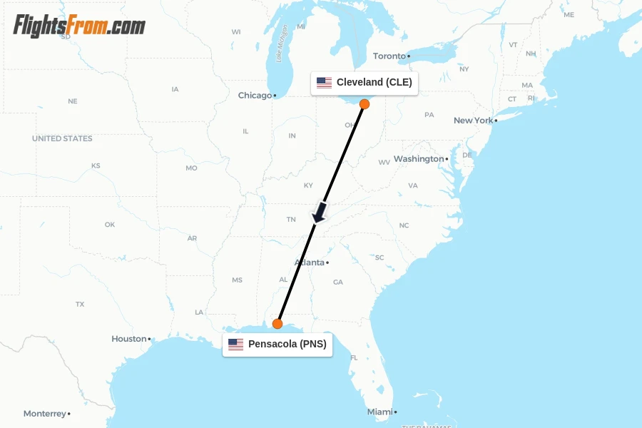 Flights from Cleveland to Pensacola route map