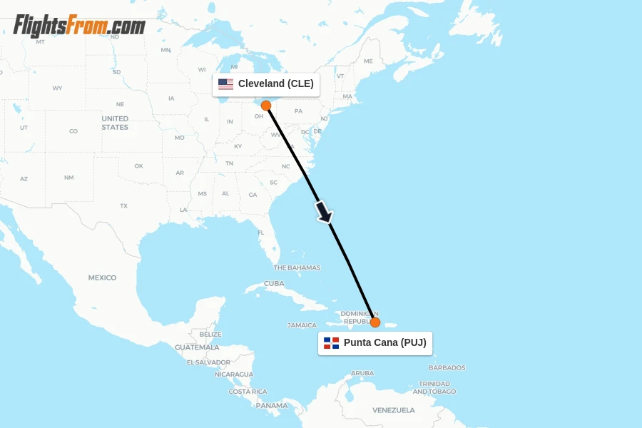 Flights from Cleveland to Punta Cana route map