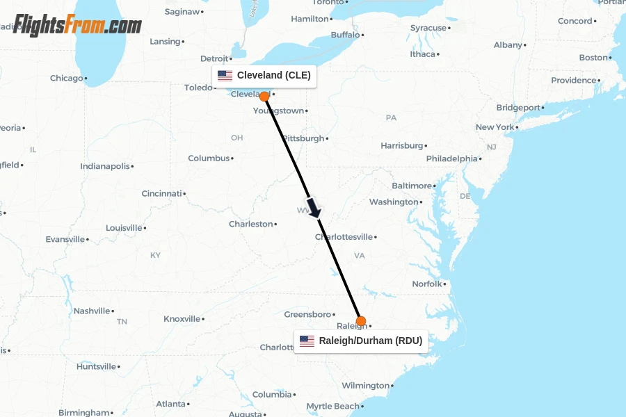 Flights from Cleveland to Raleigh/Durham route map