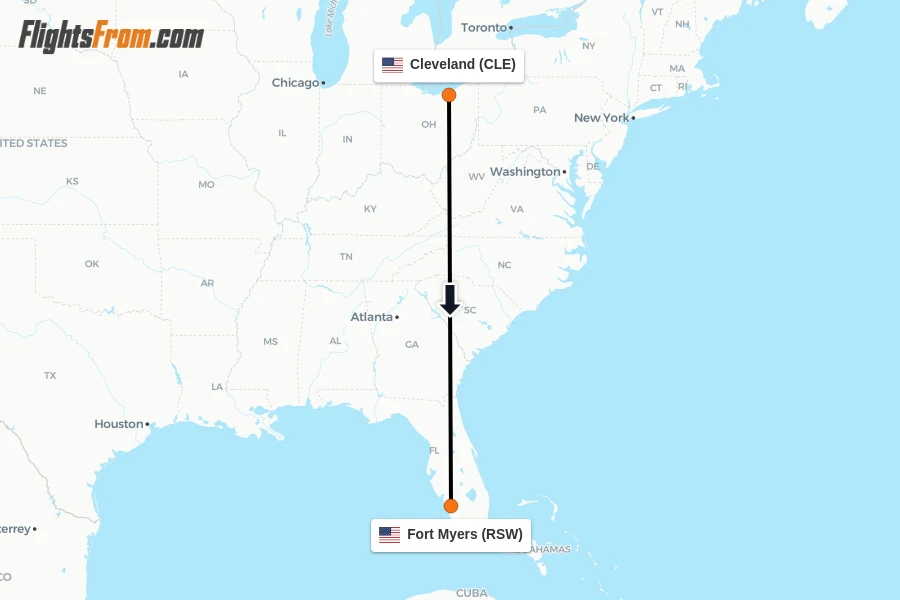 Flights from Cleveland to Fort Myers route map