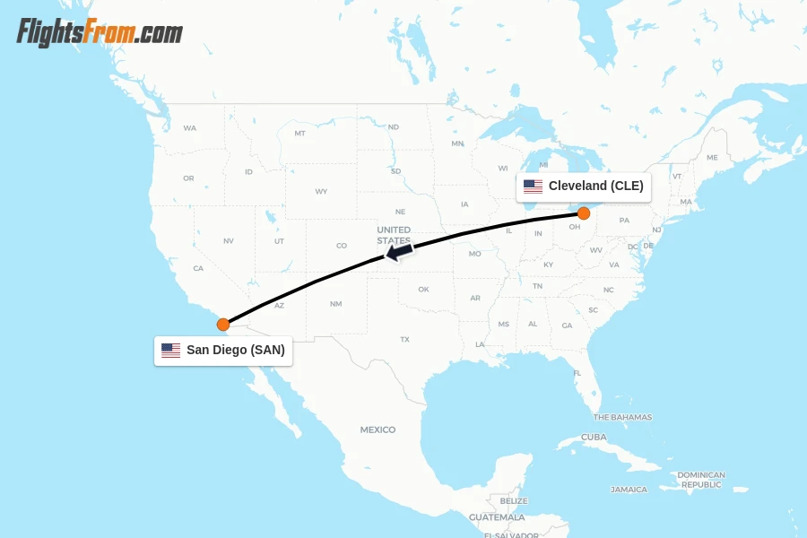 Flights from Cleveland to San Diego route map