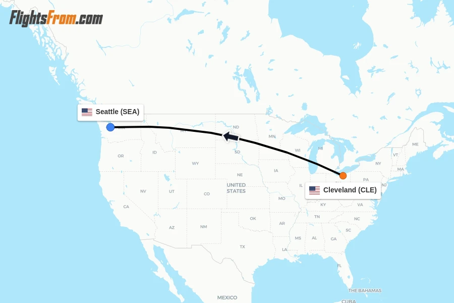 Flights from Cleveland to Seattle route map