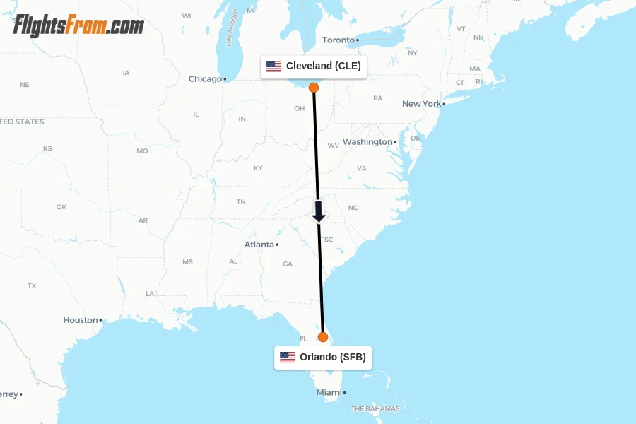 Flights from Cleveland to Orlando route map