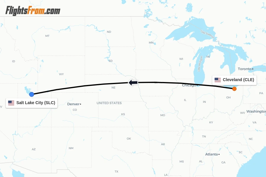 Flights from Cleveland to Salt Lake City route map